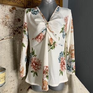 Emerald Floral Twist Front Blouse - White and Multicolor